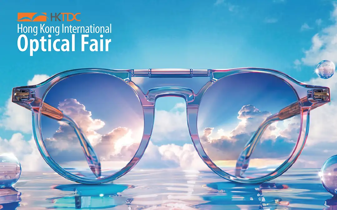 Hong Kong Optical Fair 2026 event image featuring eyewear against a bright sky background