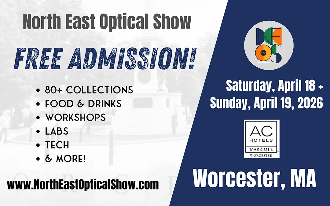 NEOS Worcester 2026 North East Optical Show free admission event banner in Worcester Massachusetts