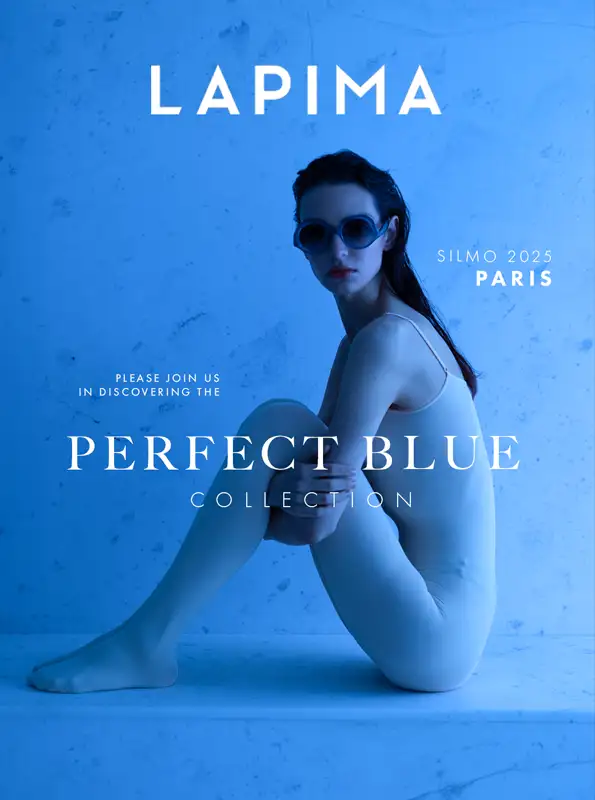 Model wearing sunglasses from the LAPIMA Perfect Blue collection at Silmo 2025 Paris, showcasing handcrafted Brazilian eyewear.