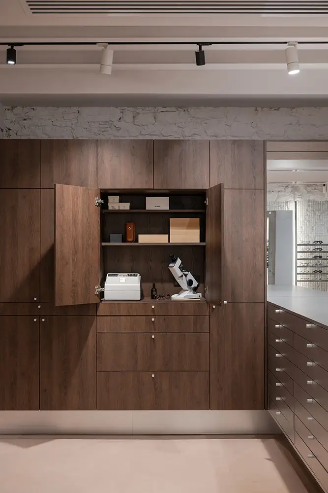 Eye testing space inside quiet luxury eyewear boutique Lyon
