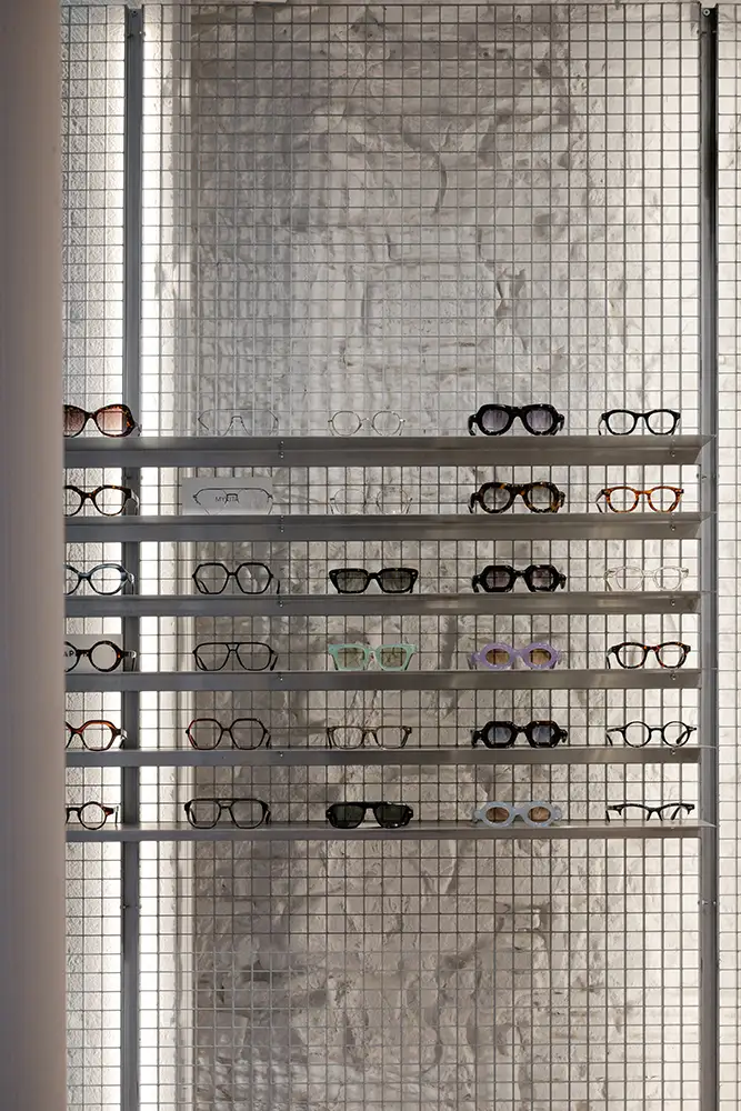 Designer eyewear display at quiet luxury eyewear boutique Lyon