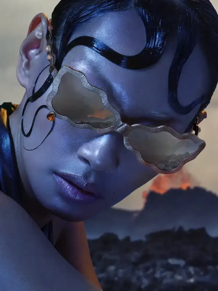 fine jewellery eyewear avant-garde silver frame in artistic editorial portrait