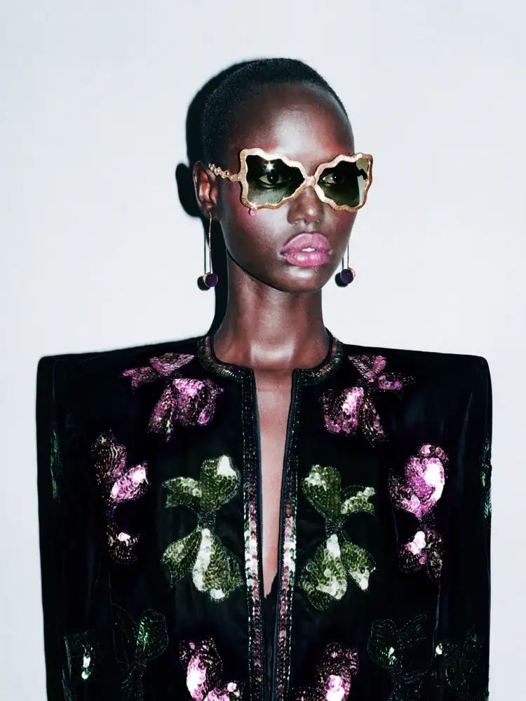 fine jewellery eyewear gold sculptural frame worn in high fashion portrait