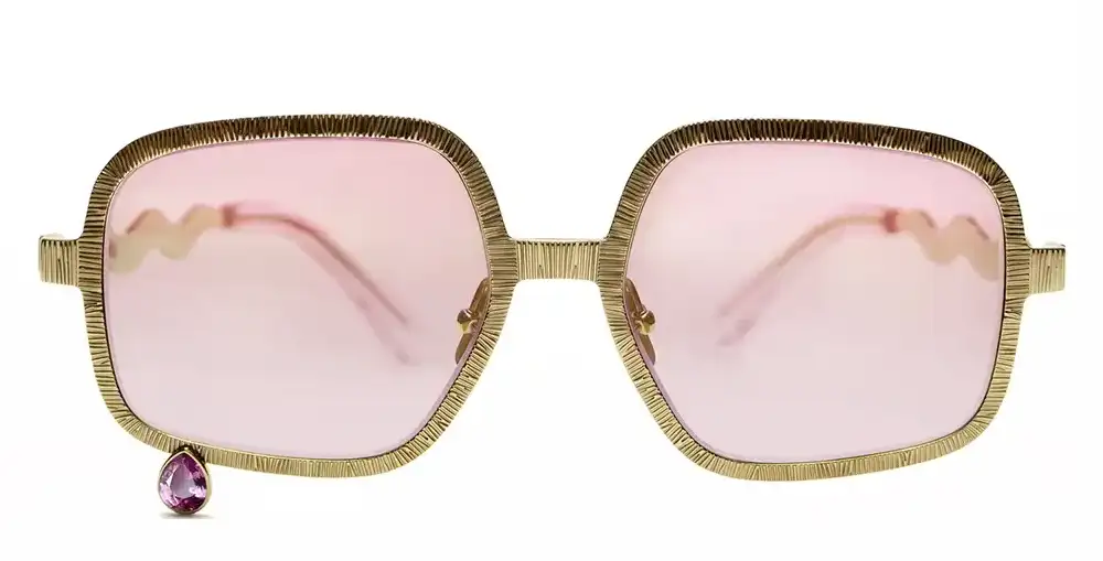 fine jewellery eyewear pentagon frame with pink lenses and gold finish