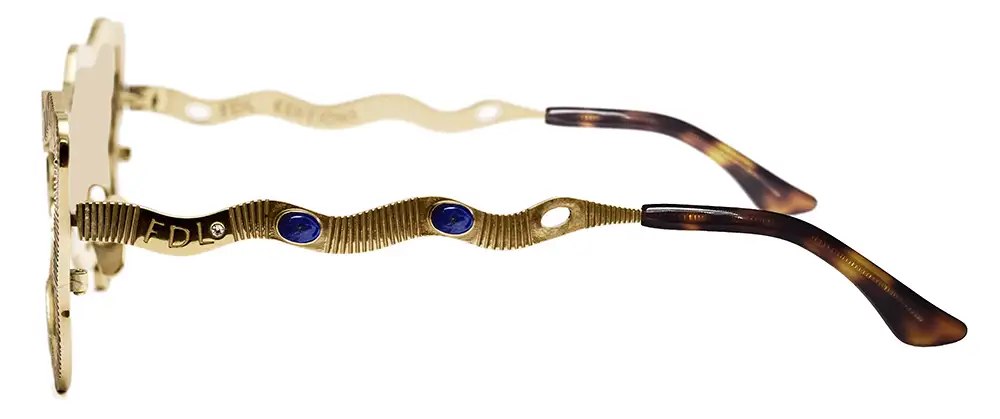 Francis de Lara Tuxedo eyewear NOW Awards 2026 gold side detail with lapis lazuli