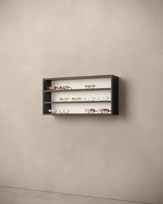 Carré eyewear displays in black finish with integrated precision lighting
