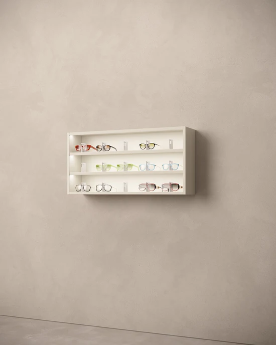 Carré eyewear displays with structured spacing for clear frame presentation