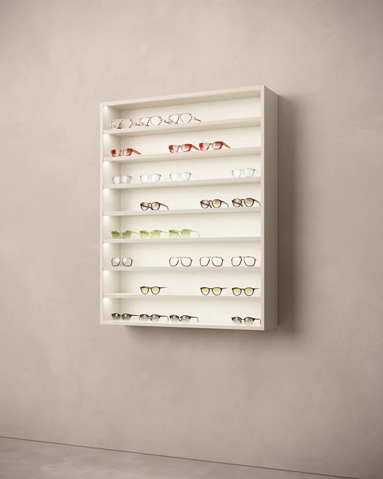 Carré eyewear displays vertical cabinet with optical store display lighting