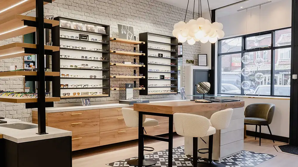 modular eyewear display system integrated into modern optical store design