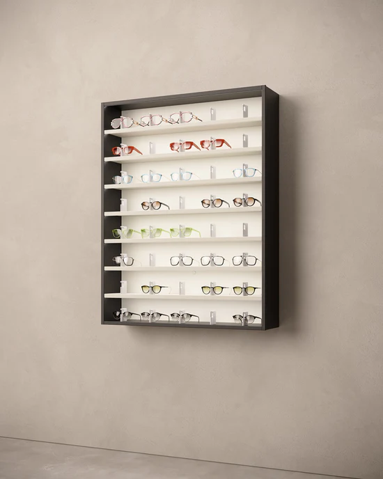 modular eyewear display system vertical cabinet in black finish
