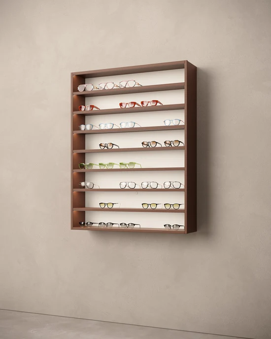 optical store display lighting in Carré cabinet with warm brown finish