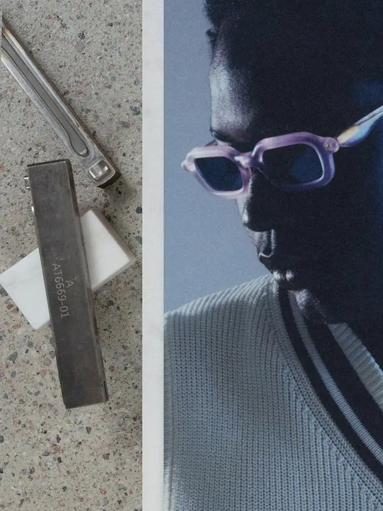 Paloceras sunglasses collection featuring sculptural acetate frame with soft purple tones