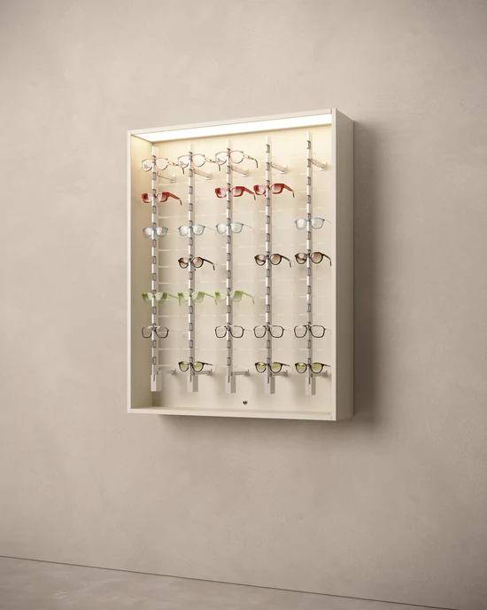 secure eyewear display solution white cabinet with lockable rod system